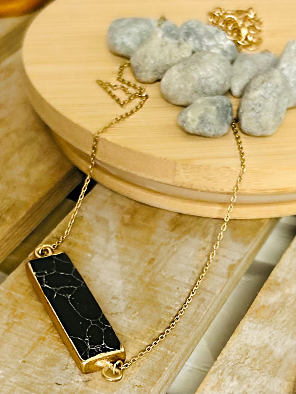 Gold Chain Necklace with Faux Black Marble Bar Pendant